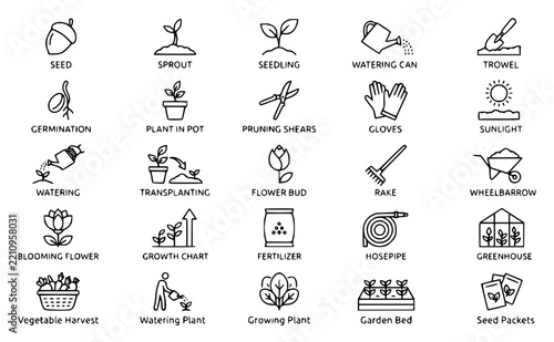 Grid of minimalist linear vector icons depicting stages set with simple line art design featuring line art, illustrations, graphic resources with vector and design elements
