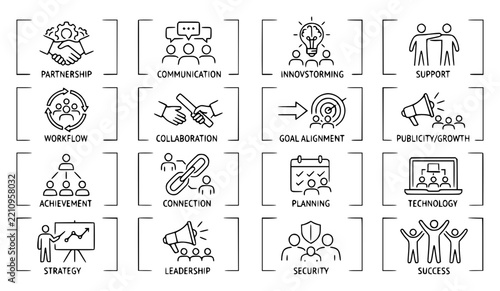 Grid of minimalist vector line icons illustrating business set with simple line art design featuring simple design, minimalist, black and white with illustrations and graphics