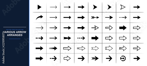 Collection of various black arrow symbols arranged in a set with simple line art design featuring simple design, minimalist, black and white with illustrations and graphics