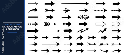 Collection of various black arrow symbols arranged in a set with simple line art design featuring sketches, drawings, vector graphics with minimalist and simple illustrations