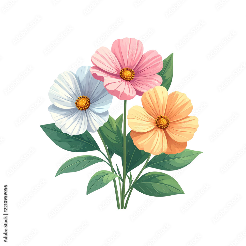 Obraz premium A delicate bouquet of three colorful flowers, white, pink, and orange, with green leaves. Each flower features soft petals radiating from a yellow center, creating a gentle and cheerful arrangement.
