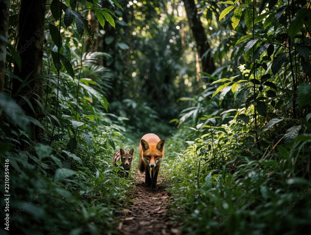 Fototapeta premium Red fox walks through dense green jungle path. Wild animal moves slowly in tropical forest. Small fox cub follows parent near rich vegetation. Exotic wildlife scene in natural habitat during summer