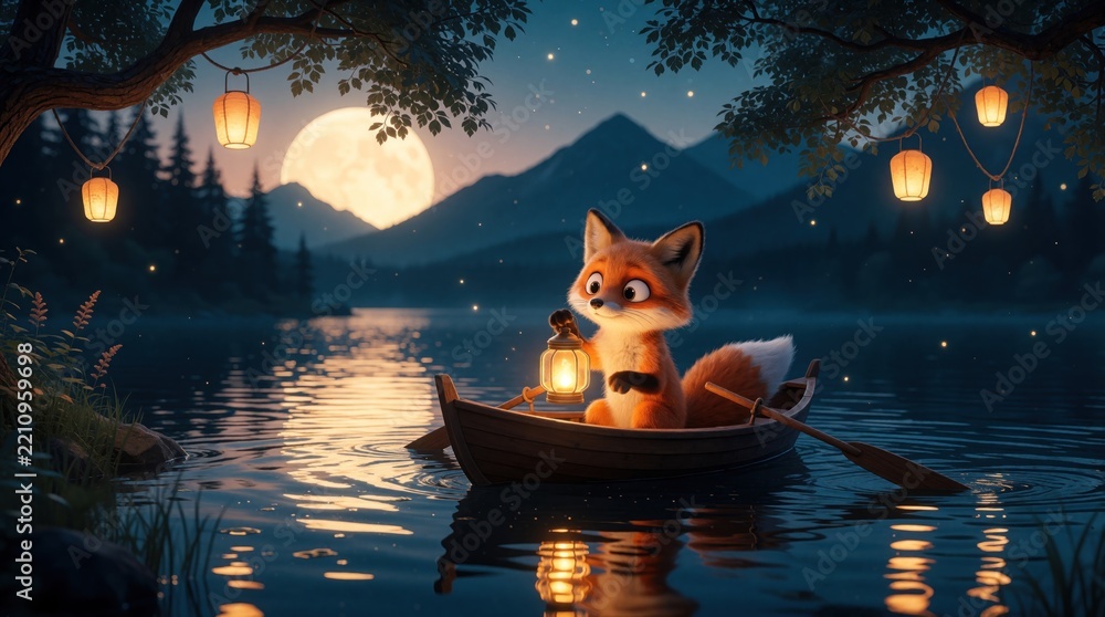 Fototapeta premium Cute red fox sits in small wooden boat on calm lake at night. Animal holds glowing lantern near water. Large full moon rises over dark mountains, forest. Magical atmosphere with hanging lanterns