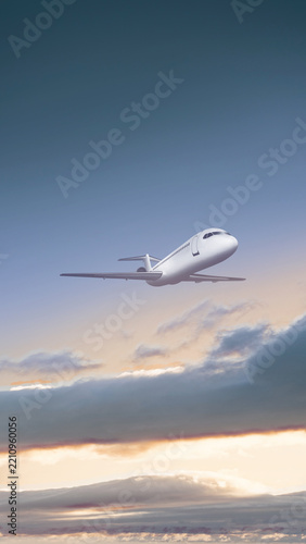 Passenger jet airplane flying above soft clouds in a colorful sky at sunset or sunrise. Commercial aviation, travel, and vacation concept with copy space. Quotes background