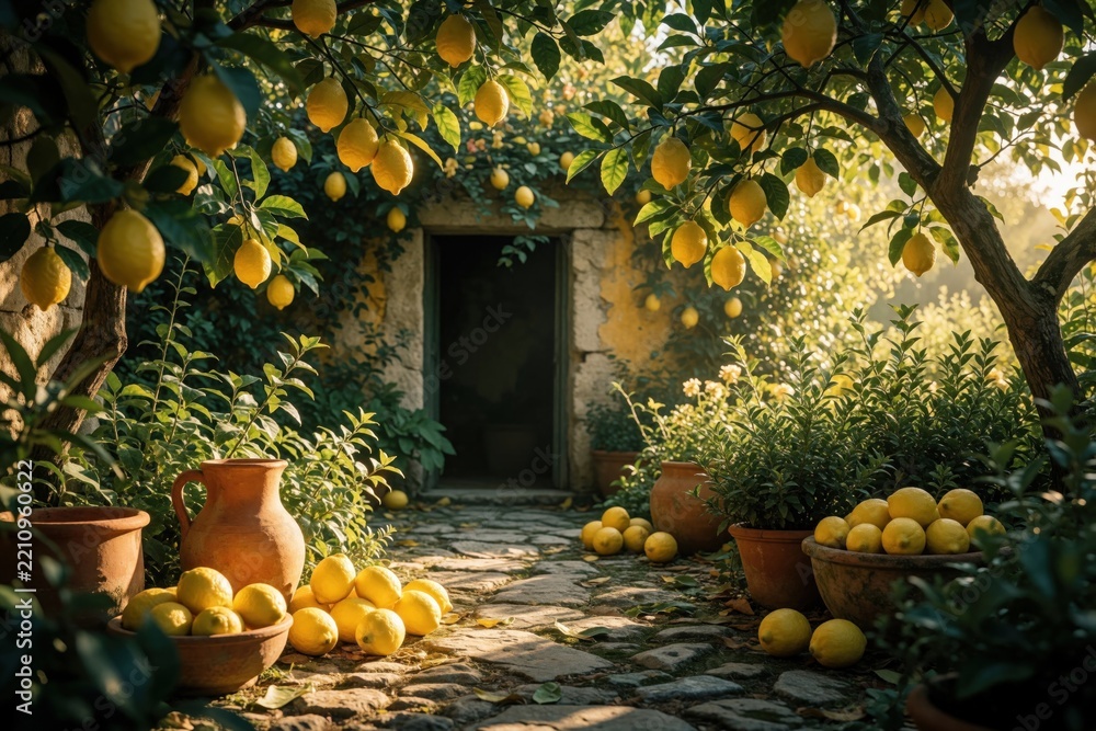 Fototapeta premium Fresh yellow lemons grow on branches in organic citrus garden at sunset. Ripe fruit hangs from lemon tree near stone house entrance. Terracotta pots, wooden crates with harvest sit on cobblestone