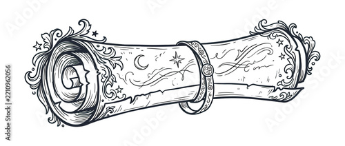 Ornate ancient scroll with celestial motifs, isolated