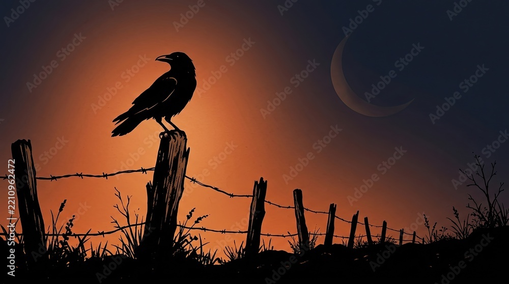 Fototapeta premium Silhouette of a Raven Perched on a Fence Post at Sunset with Crescent Moon and Dark Sky