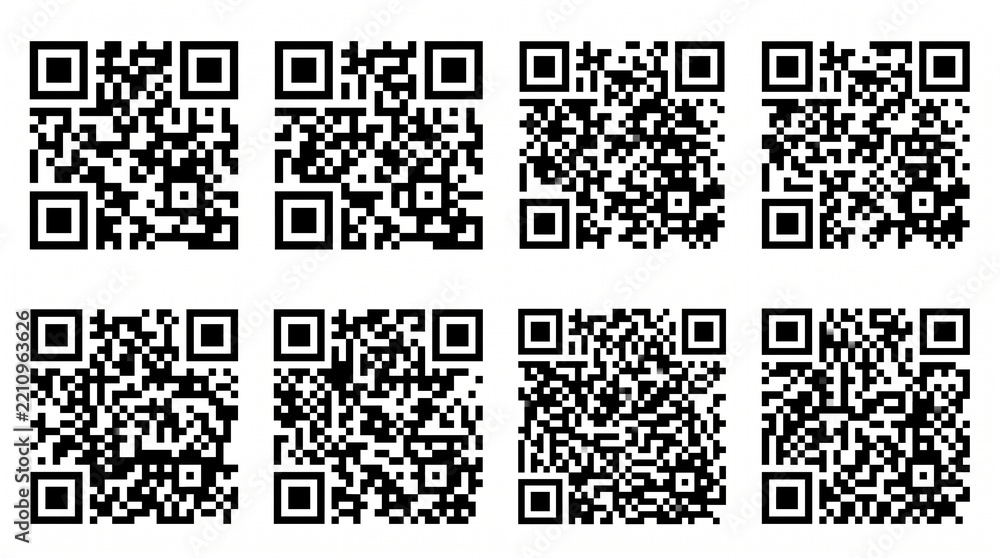Fototapeta premium Eight distinct black and white square qr codes arranged in a grid