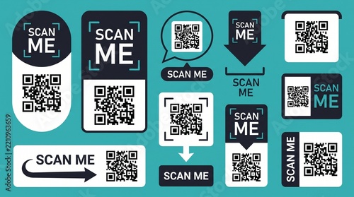 Set of various qr code sticker designs with scan me text