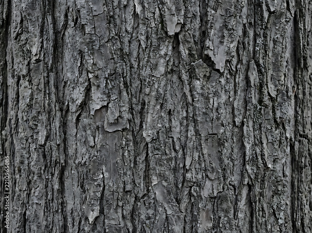Fototapeta premium Weathered gray tree bark with vertical ridges and deep grooves forming a natural organic texture