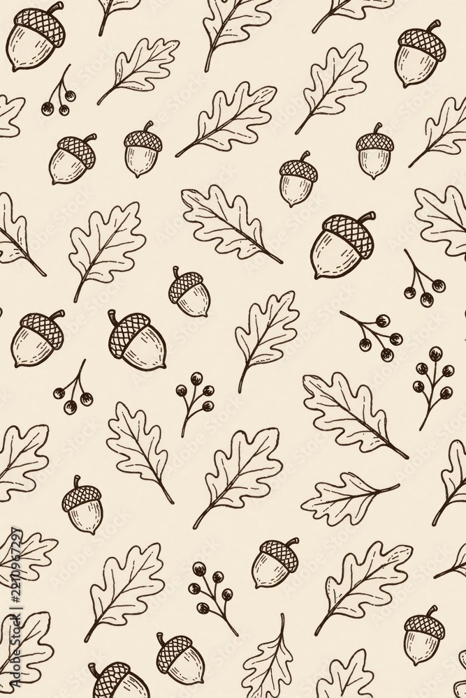 Obraz premium Hand drawn autumn pattern with oak leaves, acorns. Seamless seasonal background features rustic botanical sketches on beige paper. Organic fall elements like berries, branches create cozy woodland