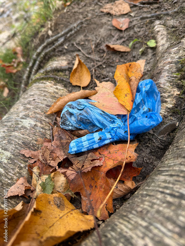 Pollution de l'environnement avec un sac de merde de chien laissé à côté d'un arbre dans la forêt	