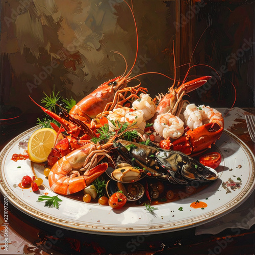 Gourmet seafood platter with lobster shrimp and mussels artistic still life