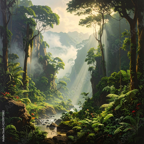 Sunlight filtering through a lush tropical jungle valley with river