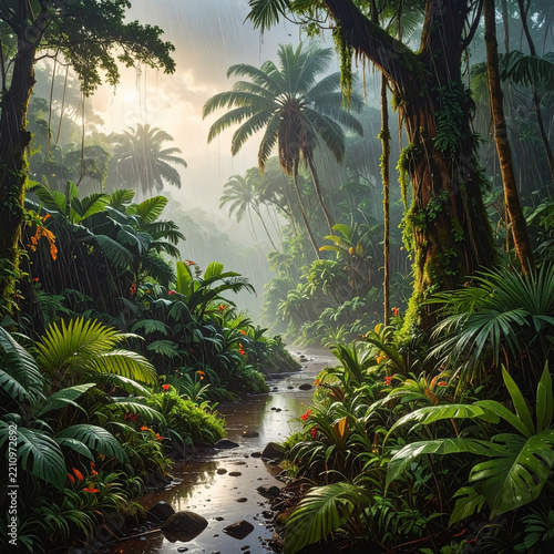 Lush tropical rainforest landscape with falling rain over a jungle river