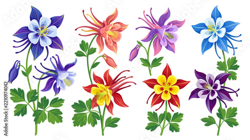 Collection of Colorful Columbine Flowers Isolated on Transparent Background