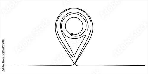 Continuous single line drawing of a map location pin icon representing navigation and travel destination symbol