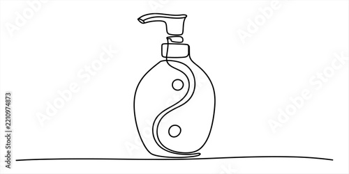Continuous single line drawing of a soap dispenser bottle with a yin yang symbol pattern