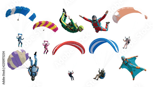 Skydiving and paragliding vector set featuring extreme sports skydivers parachuting and wing suit flying in air