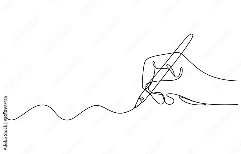 Obraz premium Continuous single line drawing of a hand holding a pen writing or drawing a wavy line Vector, illustration