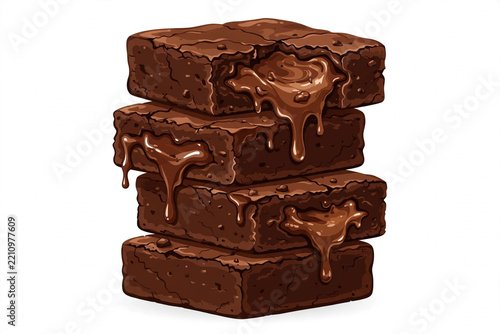Stack of fudgy chocolate brownies with gooey center on white
