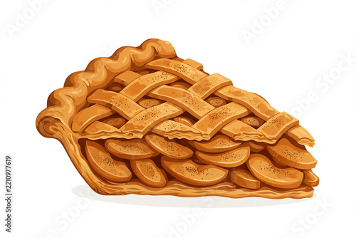 Apple pie slice with lattice crust and cinnamon illustration on white