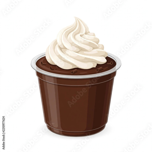 Chocolate pudding cup with whipped cream swirl illustration on white