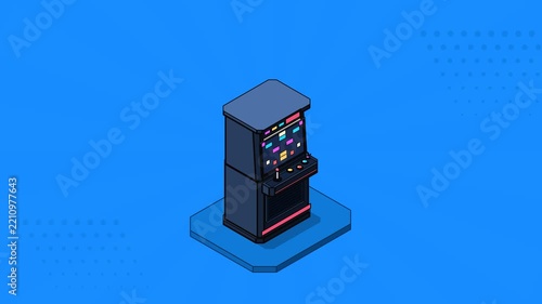 Bold 2D isometric comic-book animation of a premium retro arcade cabinet with physically motivated button press, screen activation, pixel burst, joystick reaction and explosive pop-art energy payoff.