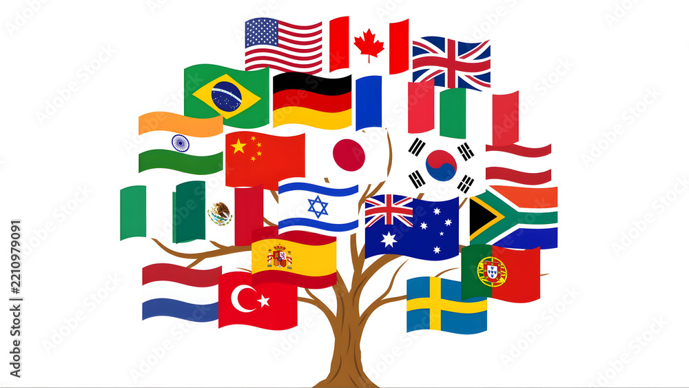 Obraz premium World Tree of National Flags in Vibrant Colors on White Background 