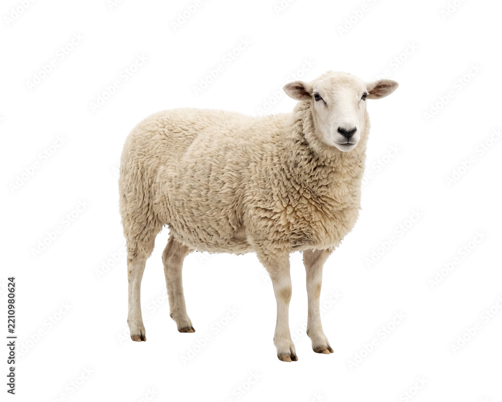 Fototapeta premium White Sheep Standing Isolated on Black Background