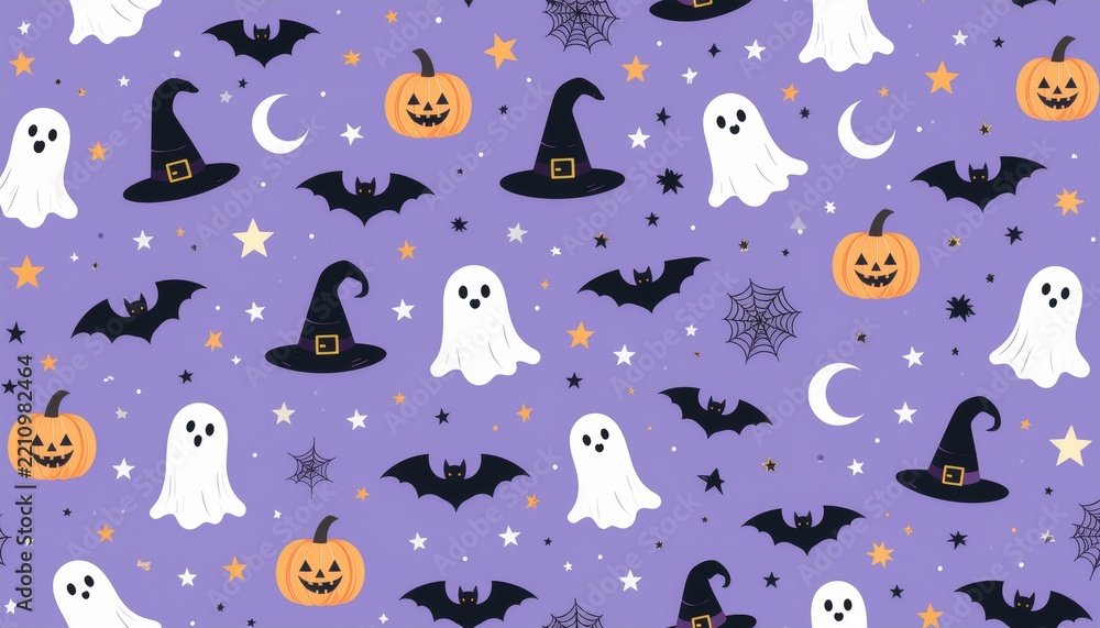 Obraz premium Classic Halloween Seamless Pattern with Pumpkins Ghosts Bats and Witch Hats Vector