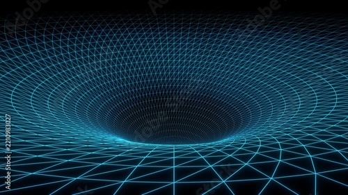 Rotating spacetime curvature grid forms a gravity well, 3D animation loop that can represent general relativity, black holes and gravitational fields