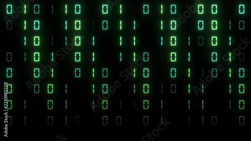 Falling binary numbers create a glowing digital data stream, 3D animation loop for cybersecurity, programming and artificial intelligence