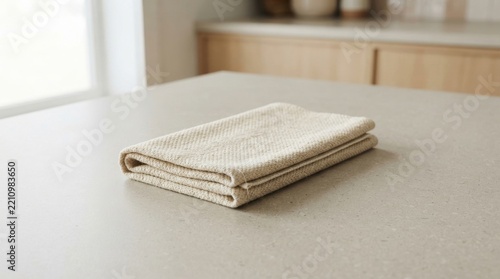 Folded beige linen napkin on a clean kitchen countertop