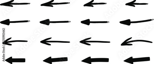 Hand drawn left arrow collection featuring rough sketch textures, varied directional shapes, minimalist black vector clipart elements for creative design