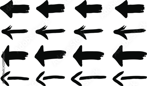 Hand drawn left arrow doodle set, rough grunge brush strokes, directional symbols for web design, social media, posters, branding, illustration