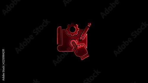Neon red project planning icon animation: blueprint gear and pencil concept for business strategy and engineering