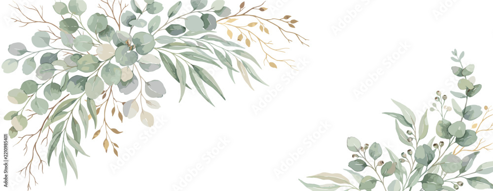 Naklejka premium Watercolor seamless border - illustration with green gold leaves and branches, for wedding stationary, greetings, wallpapers, fashion, backgrounds, textures, DIY, wrappers, cards.