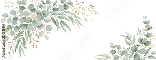 Watercolor seamless border - illustration with green gold leaves and branches, for wedding stationary, greetings, wallpapers, fashion, backgrounds, textures, DIY, wrappers, cards.