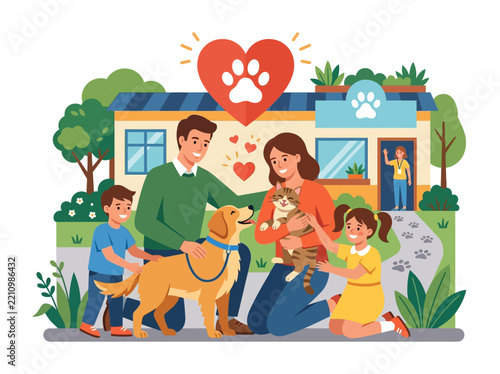 Happy Family Adopting Dog and Cat from Animal Shelter Vector Illustration