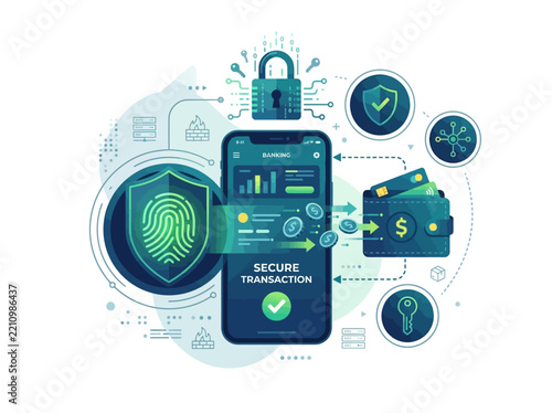 Secure Mobile Banking & Biometric Financial Security Vector Illustration