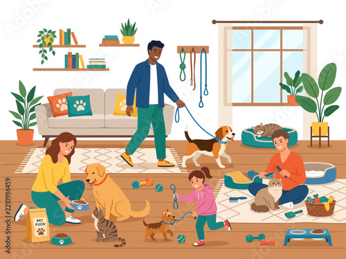 People Caring for Pets at Home Vector Illustration