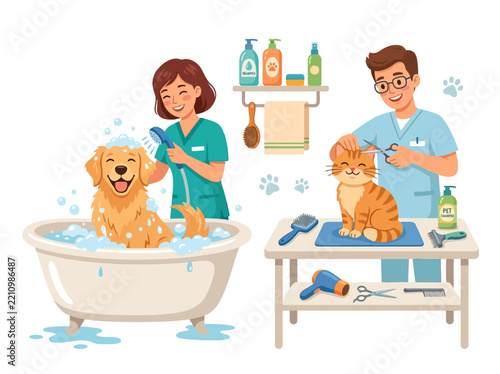 Professional Pet Grooming & Haircut Service Vector Illustration