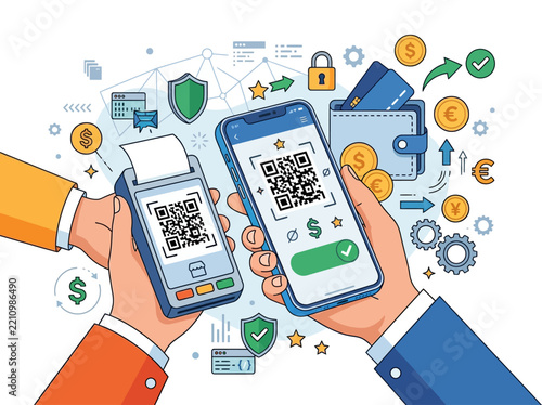 Contactless QR Code Mobile Payment & POS Terminal Vector Illustration