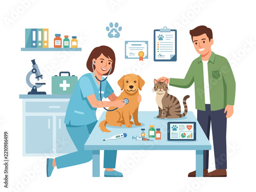 Veterinary Medical Checkup & Pet Owner Consultation Vector Illustration