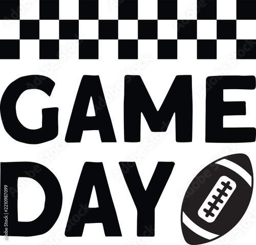 Game day text with a checkered flag pattern and an american football shirt design
