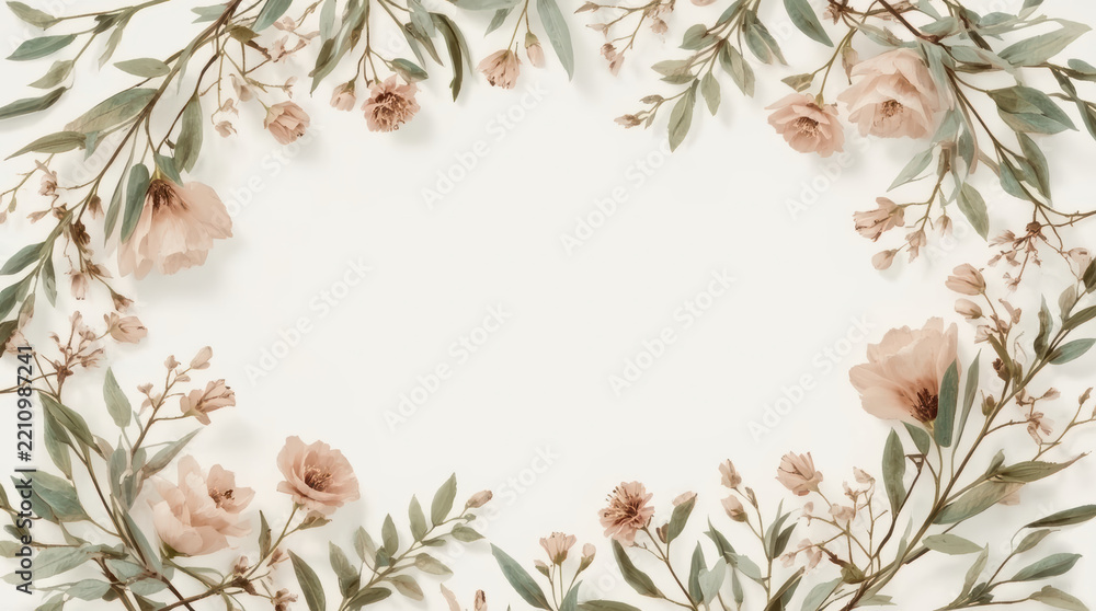 Fototapeta premium Floral border botanical frame pastel flower cream background