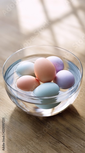 Colorful eggs in glass bowl