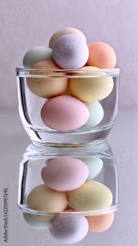 Colorful eggs in glass bowl