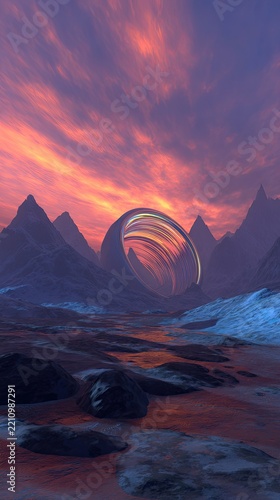 Colorful mountain landscape with abstract ring